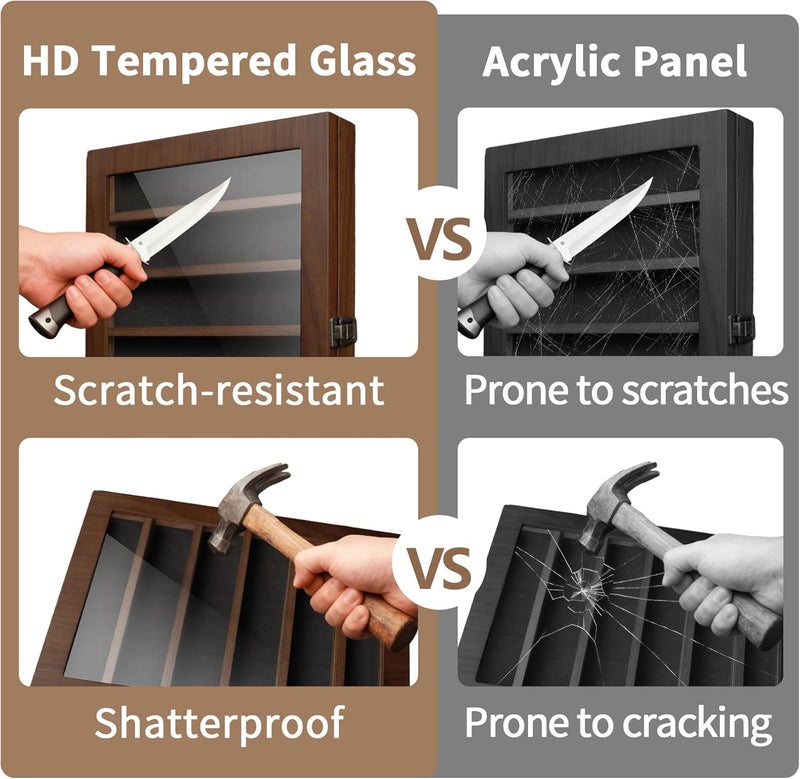ASmileIndeep Pocket Knife Display Case 6 Row Military Knife Stand with HD Tempered Glass, Army Knife Box for Wall or Desk Display, Walnut - Image 2